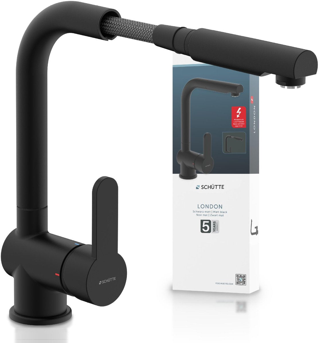Rubinetto cucina Schütte london design per scaldabagno con bocca libera - bassa pressione - miscelatore - bocca alta, girevole ed estraibile - maniglia laterale - nero opaco