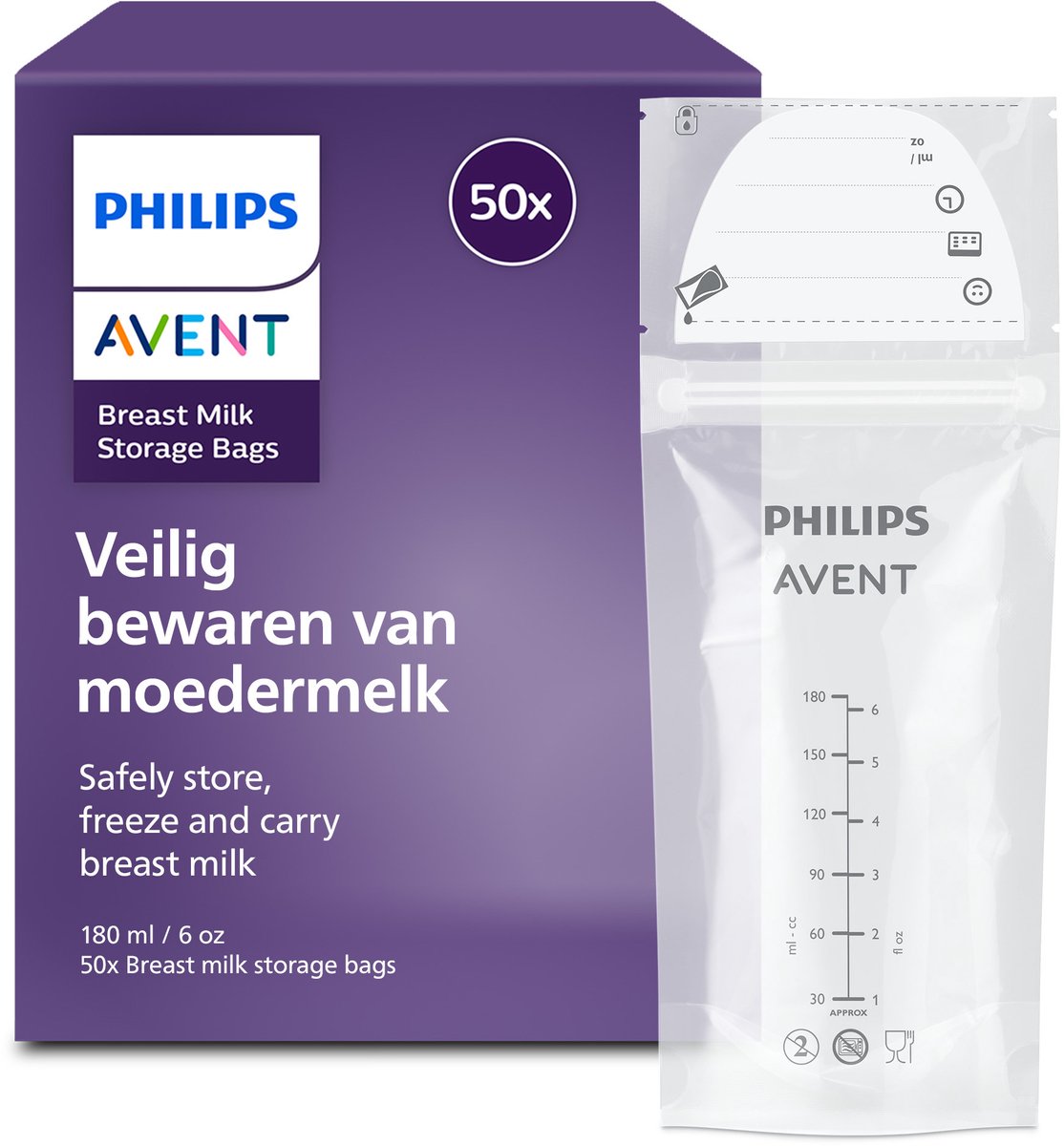 Philips avent moedermelk bewaarzakjes 180 ml - lekvrij - 50 stuks - scf603 50