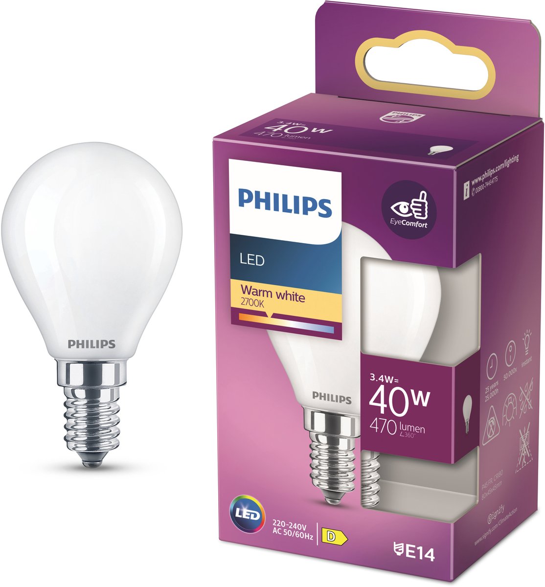 Lámpara LED Philips - lámpara de bola con casquillo E14 - luz blanca cálida: 2700k - 40w - vidrio esmerilado