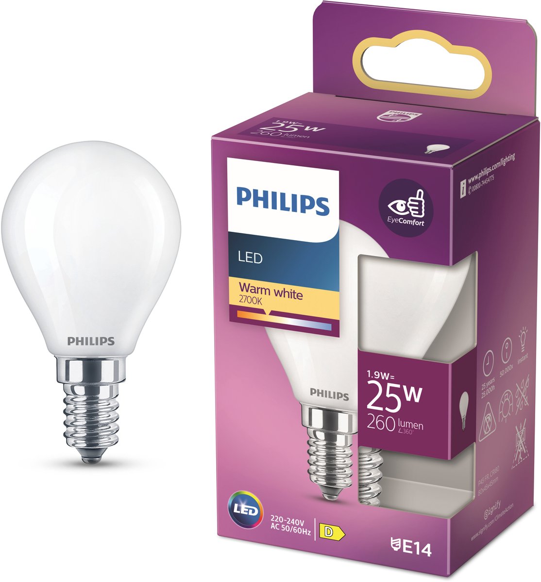 Lámpara LED Philips - lámpara de bola con casquillo E14 - luz blanca cálida: 2700k - 25w - vidrio esmerilado