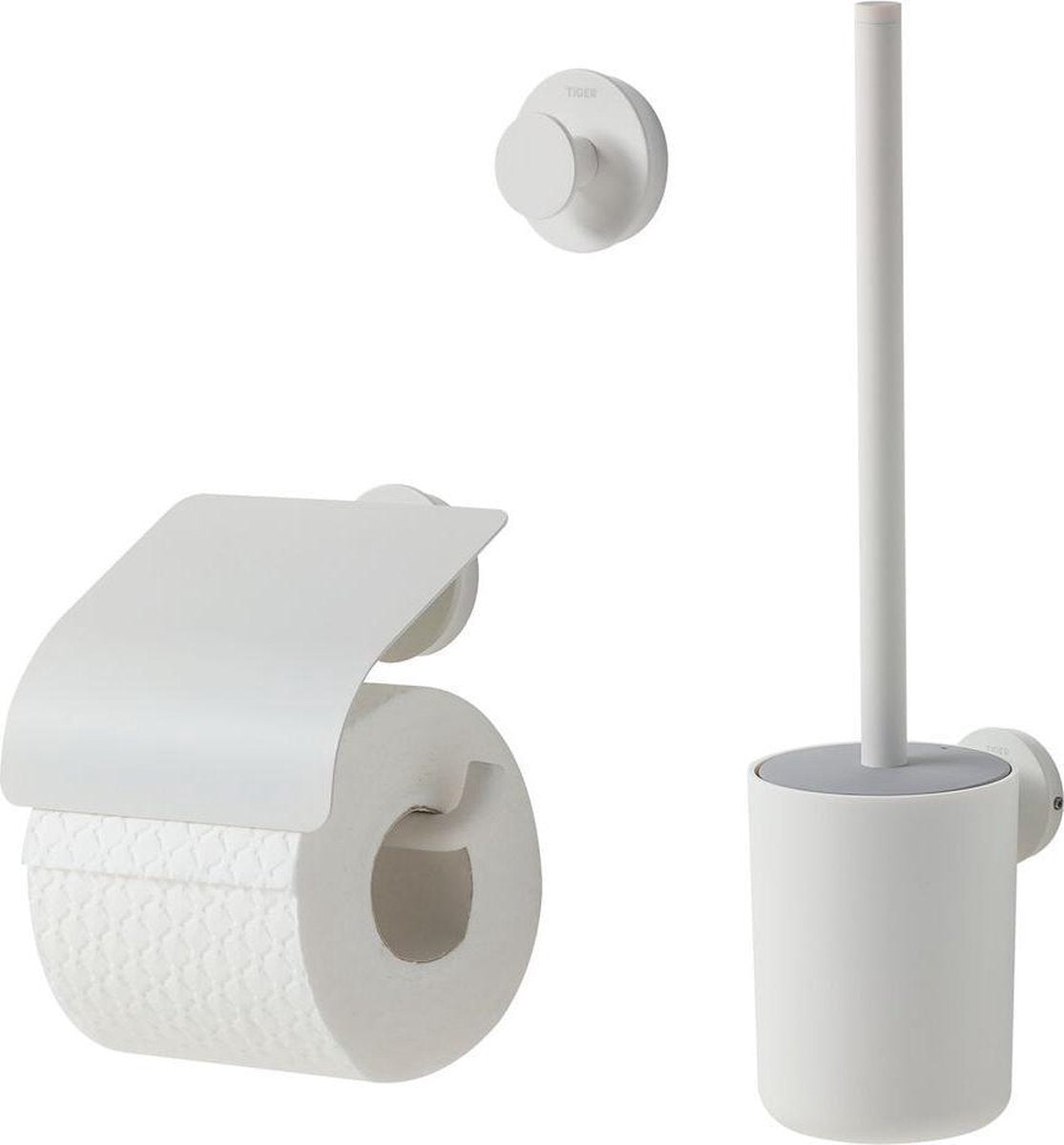 Juego de accesorios para el baño Tiger Urban - escobillero con soporte - portarrollos con solapa - gancho - blanco