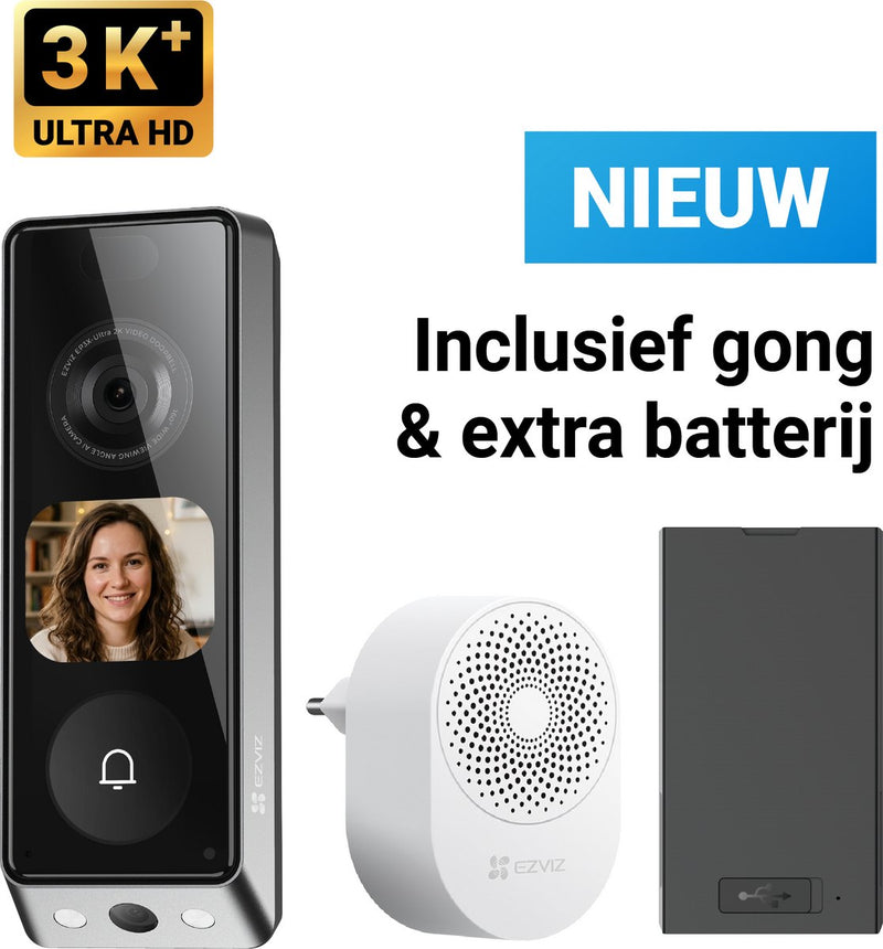 Ezviz EP8 Ultra - timbre con vídeo con cámara con pantalla AI - lente dual 3K+ (6MP) - detección de paquetes - inalámbrico o con cable - 32GB de almacenamiento - sin suscripción