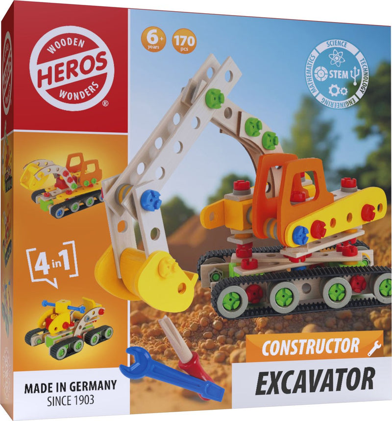 Excavadora constructora Heros - juguetes de construcción - 4 en 1 - 170 piezas - juego de construcción de madera - madera FSC - fabricado en Alemania - constrúyalo usted mismo - a partir de 6 años