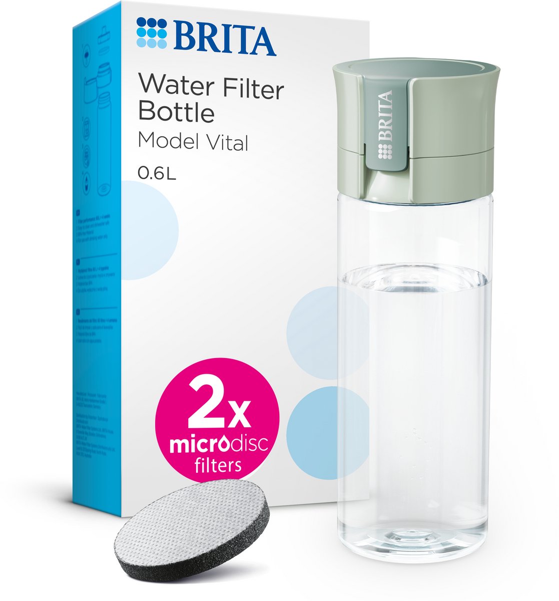 Brita - drinkfles vital voor volwassenen - 0,6l - lichtgroen - inclusief 2 microdisc filterpatronen - ideaal voor drinkflessen