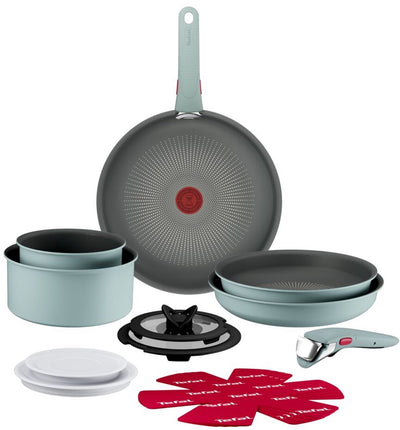 Tefal ingenio halo ecalyptus - set padelle - 15 pezzi - incluso coperchio - protezioni padelle - manici