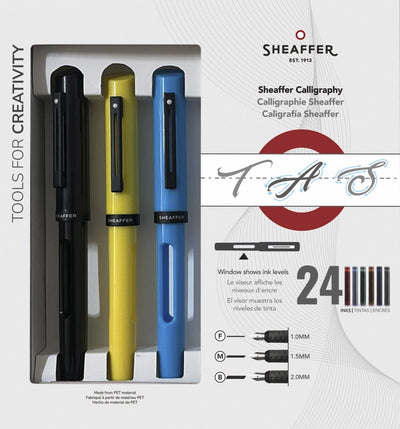 Sheaffer calligraphy pen - black, blue, yellow maxi - nib f m b - sf-93404