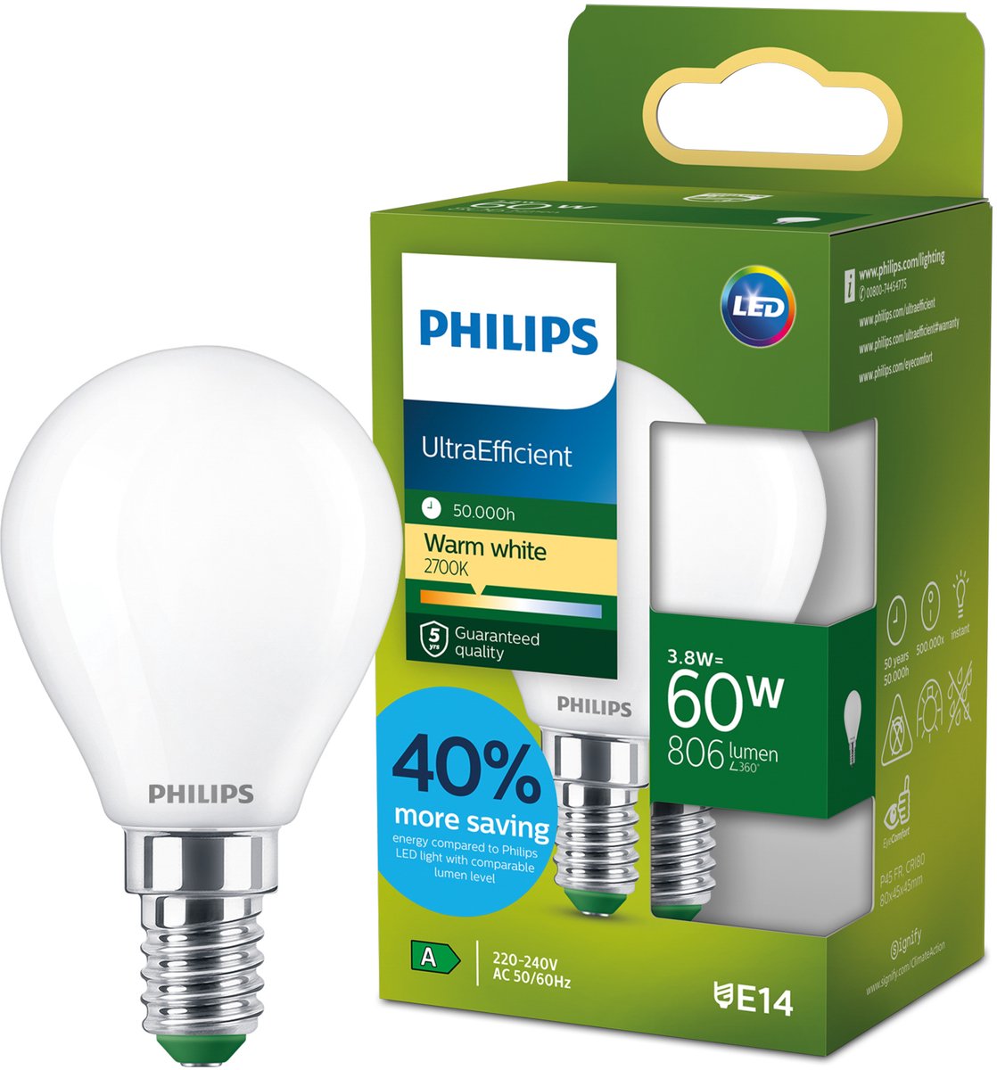 Philips led philips ultraefficient led lamp - 60w - e27 fitting - warmwit licht: 2700k - mat glas - p45 kogellamp - lange levensduur