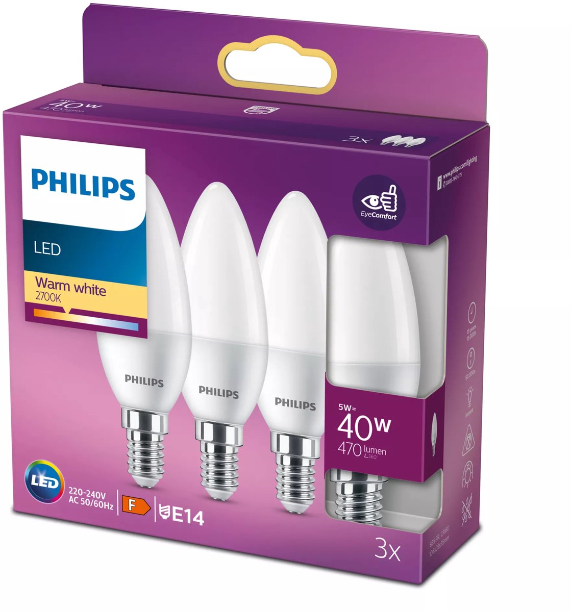 Candela LED Philips a risparmio energetico opaca - 40 W - E14 - luce bianca calda - 3 pezzi - risparmia sui costi energetici