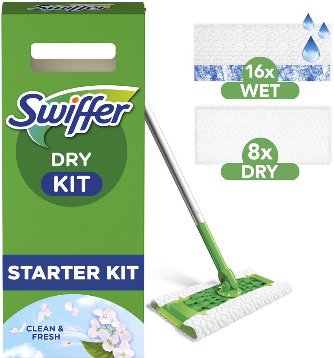 Swiffer floor cleaner starter set - 1 floor cleaner + 16 dry + 8 damp floor wipes