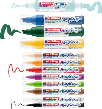Edding acrylverf stiften starterset - 12 acryl markers - brede beitelpunt - inclusief kleurblok