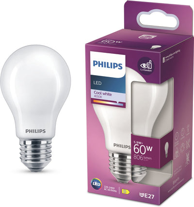 Philips LED lamp - standard lamp shape with E27 fitting - cool white light: 4000k - 60w - frosted glass