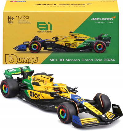Bburago f1 mclaren mcl38 2024 model car with helmet norris senna livery toy car.