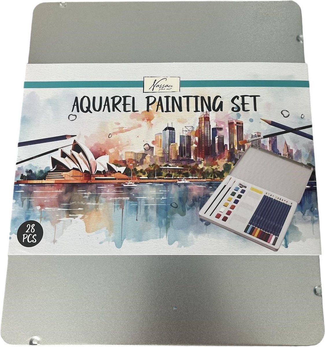 Pintura de acuarela colocada en caja de estaño, 28dlg