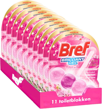 Bref - gel brillante - lluvia primaveral - allin1 - bloque de inodoro - limpieza radiante - frescura duradera - paquete económico - 11 piezas