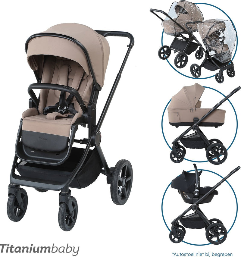 Titanium baby Cochecito de bebé de titanio solid urban taupe con funda para lluvia y adaptadores para silla de coche - barra de empuje ajustable - plegable - cuna de viaje ajustable en 3 alturas - respaldo y reposapiés ajustables