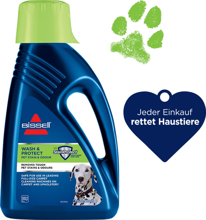 Limpiador de alfombras para mascotas Bissell wash protect 1,5 l - adecuado para limpieza de manchas - quitamanchas con capa protectora - ayuda a prevenir nuevas manchas de mascotas - agente limpiador para alfombras y tapizados - 1087n