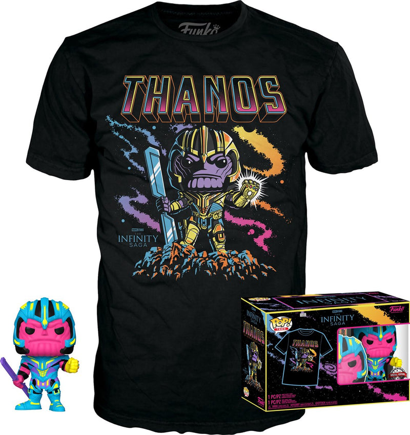 ¡Funko pop! tee box: marvel studios los vengadores - thanos blacklight black #909 exclusivo (talla l)