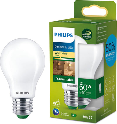 Philips LED Lámpara LED Philips ultra eficiente mate - 60 W - E27 - luz blanca cálida regulable - etiqueta energética a