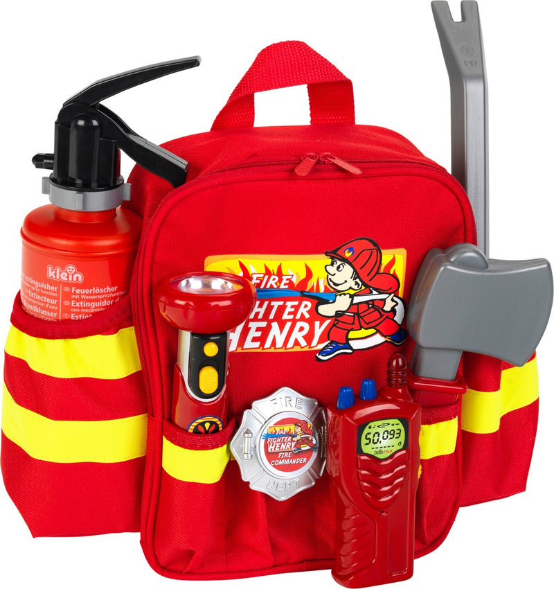Mochila de bomberos Klein Toys - 28x25x8,5 cm - incl. accesorios, correas ajustables y una gran abertura para facilitar el embalaje y el almacenamiento - rojo amarillo
