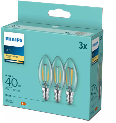Philips LED candle lamp E14 4.3W - 2700K 806lm 230V - clear - B35 - replaces 40W - warm white light - 3-pack