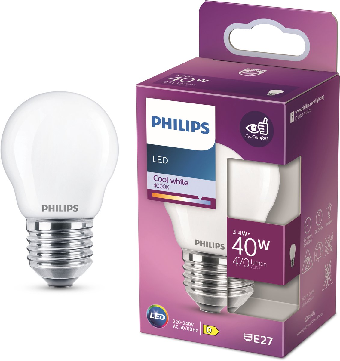 Philips led lamp - kogellamp met e27 fitting - koelwit licht: 4000k - 40w - mat glas