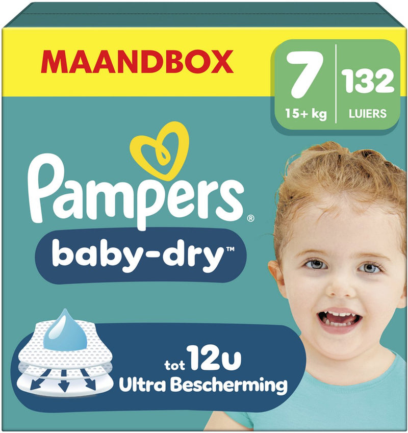 Pampers baby-dry talla 7 - 132 pañales - 15kg+ - caja mensual