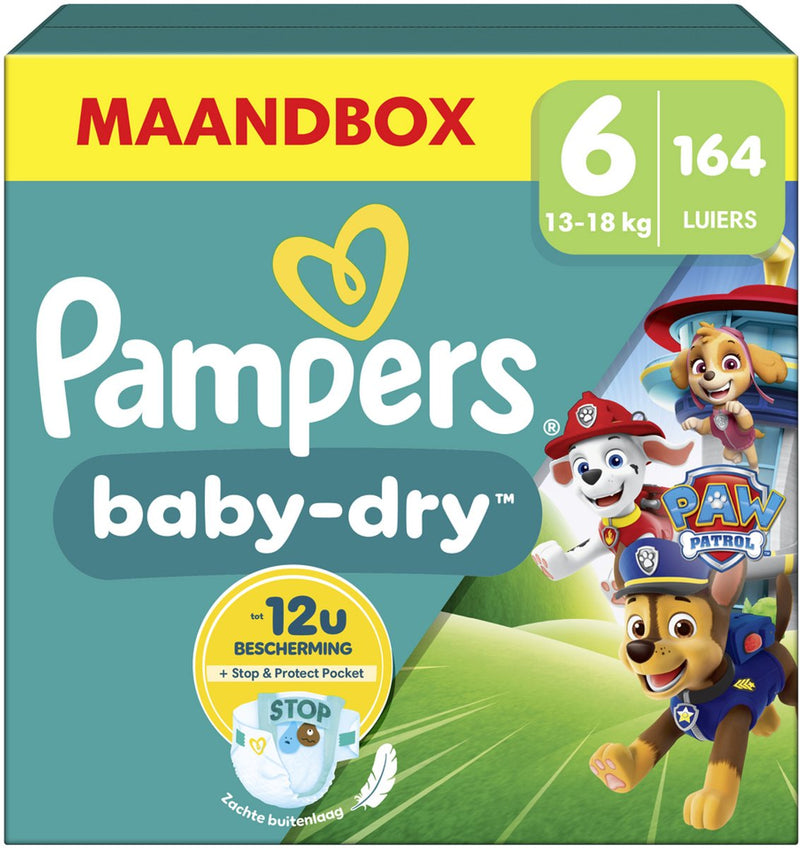 Pampers baby-dry edición patrulla canina talla 6, 164 pañales, 13kg-18kg