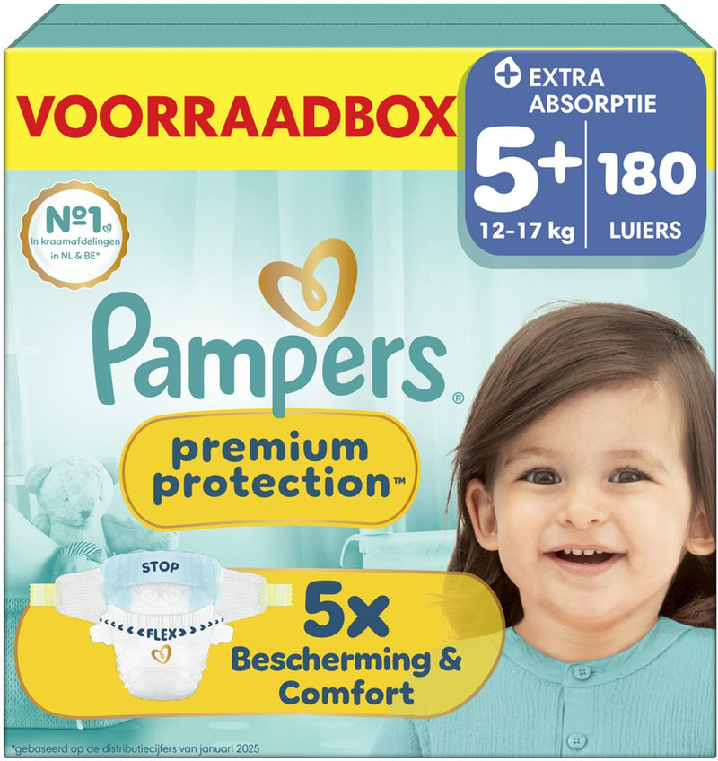 Pampers protección premium talla 5+ - 180 pañales - 12kg-17kg - caja de almacenamiento