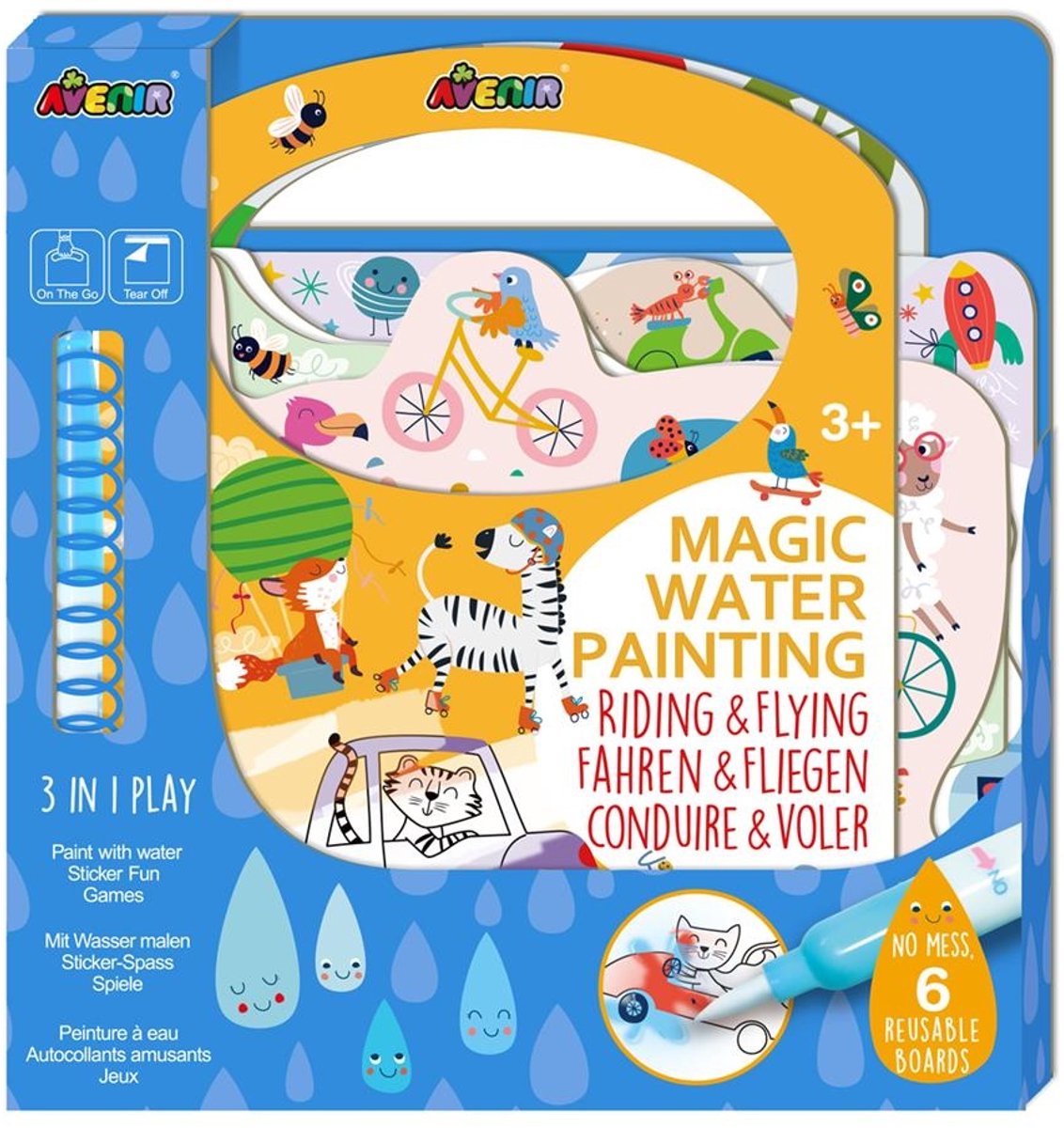 Pittura ad acqua magica Avenir: libro che cavalca mosche, 6 pagine riutilizzabili con gioco 3 in 1, 3+
