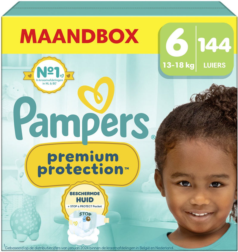 Pampers protección premium talla 6, 144 pañales, 13kg-18kg