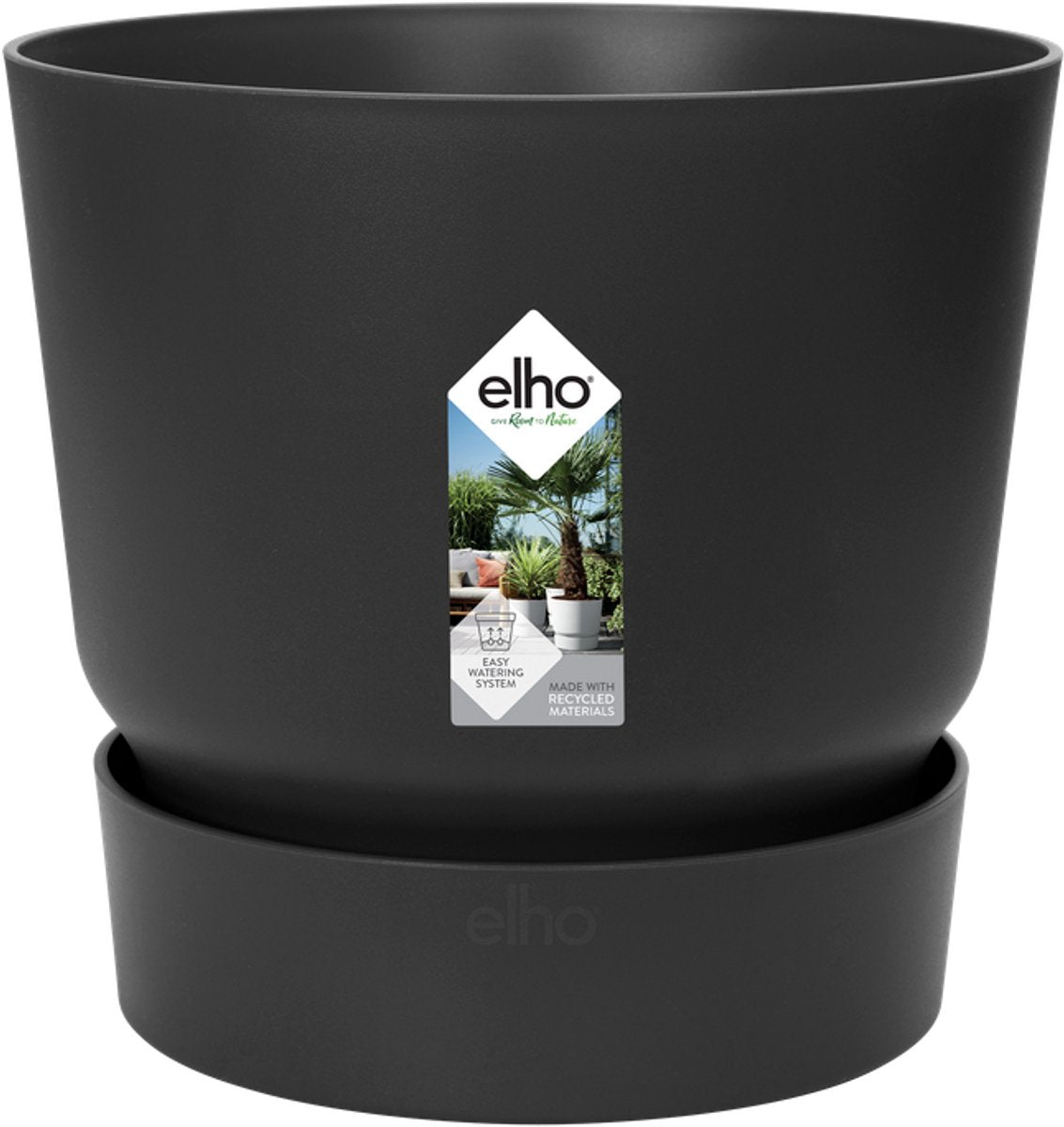 Elho greenville round 55 - large outdoor flower pot with water reservoir - 100% recycled plastic - ø 55 x h 50 cm - living black