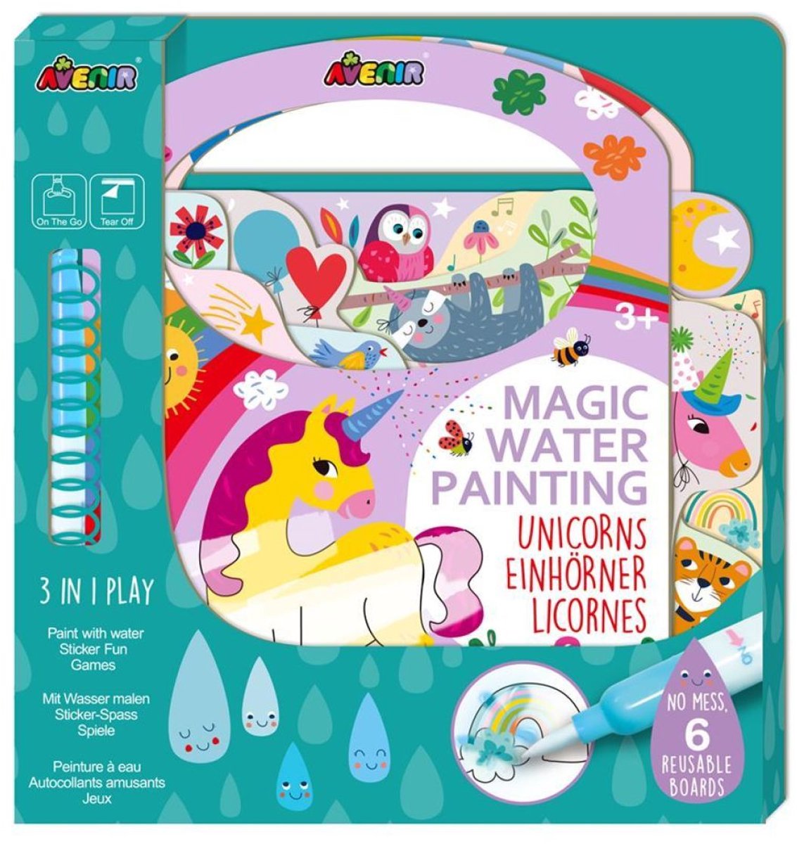 Avenir magisch waterschilderen: book eenhoorrns, 6 herbruikbare pagina's met 3-in-1 play, 3+