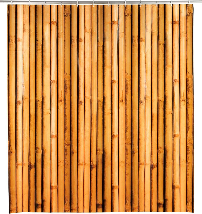 Tenda da doccia Wenko Bamboosa, tenda in pellicola di plastica ecologica e riciclabile (PEVA), per doccia e vasca, impermeabile, 180 x 200 cm, incl. 12 anelli per tenda da doccia bianchi, marroni