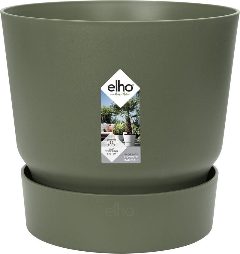 Elho greenville round 18 - macetero de exterior con depósito de agua - 100% plástico reciclado - ø 18,3 x h 17,4 cm - verde hoja