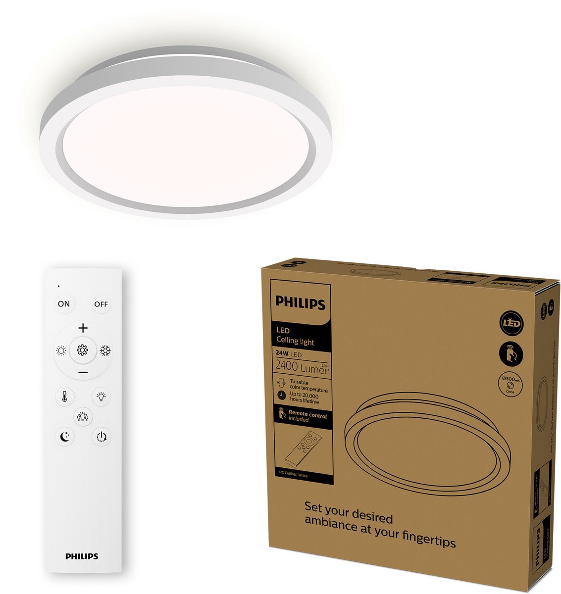 Lampada da soffitto Philips LED Philips all-in-one - con telecomando - 24w - illuminazione LED - luce bianca da calda a fredda; Da 2700k a 6500k - 30 cm - bianco - rotondo