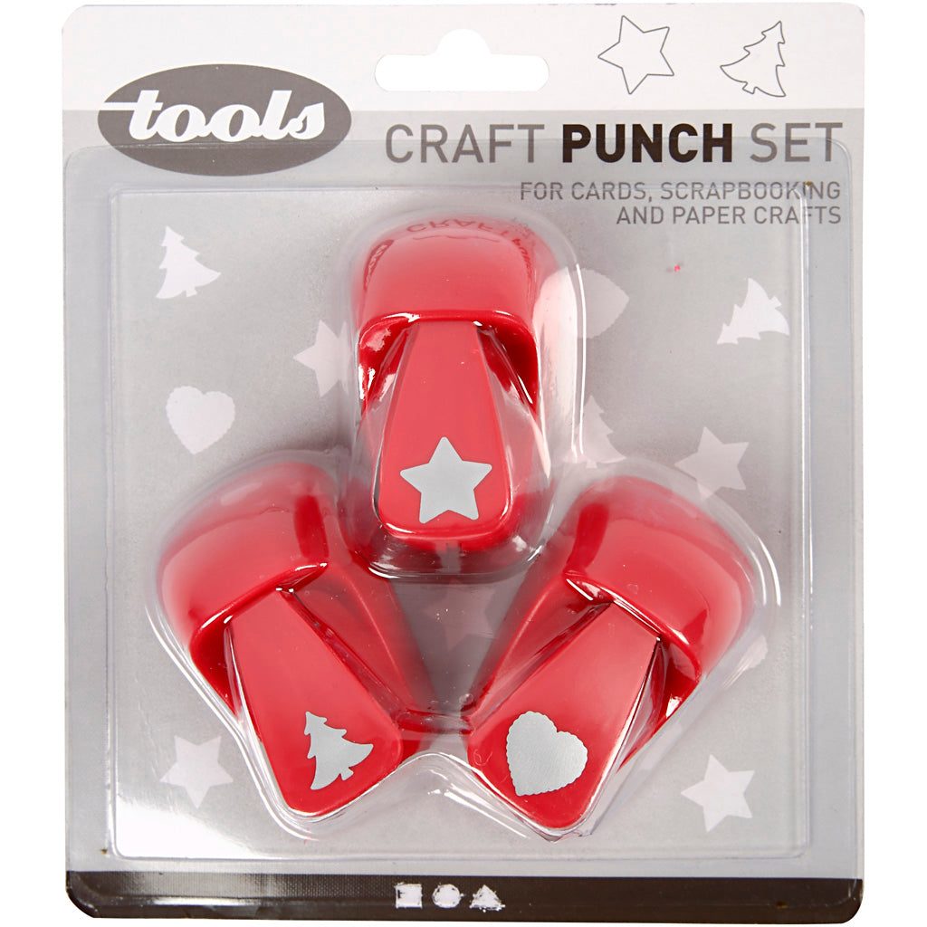 Punzones Creativ Company, estrella, corazón, árbol de Navidad, medidas 16 mm, rojo, 1 juego