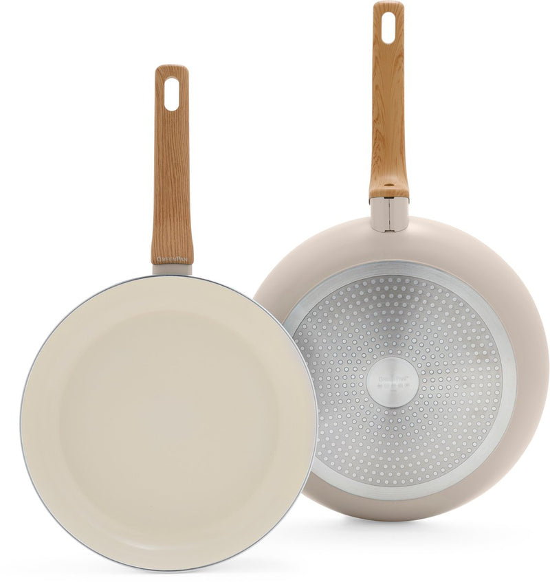 Greenpan essence set padelle 2 pezzi - 26 30cm - rivestimento antiaderente senza pfas - set padelle induzione - padella ceramica - utilizzabile in forno fino a 160°c - manici effetto legno - manici freddo - tortora