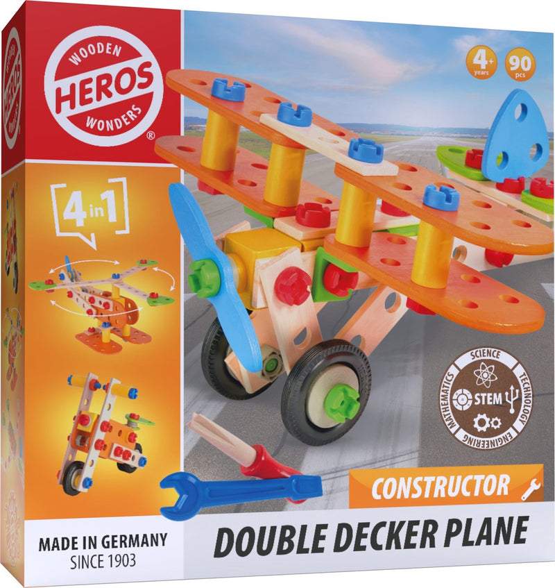 Avión de dos pisos Heros Constructor - juguetes de construcción - 4 en 1 - 90 piezas - juego de construcción de madera - madera FSC - fabricado en Alemania - constrúyalo usted mismo - a partir de 4 años