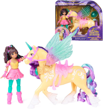 Accademia degli unicorni - foglia d'ava con ali magiche - bambola mobile 11,4 cm e unicorno alato 12,7 cm - inclusi 4 accessori - bambola e giocattoli unicorno