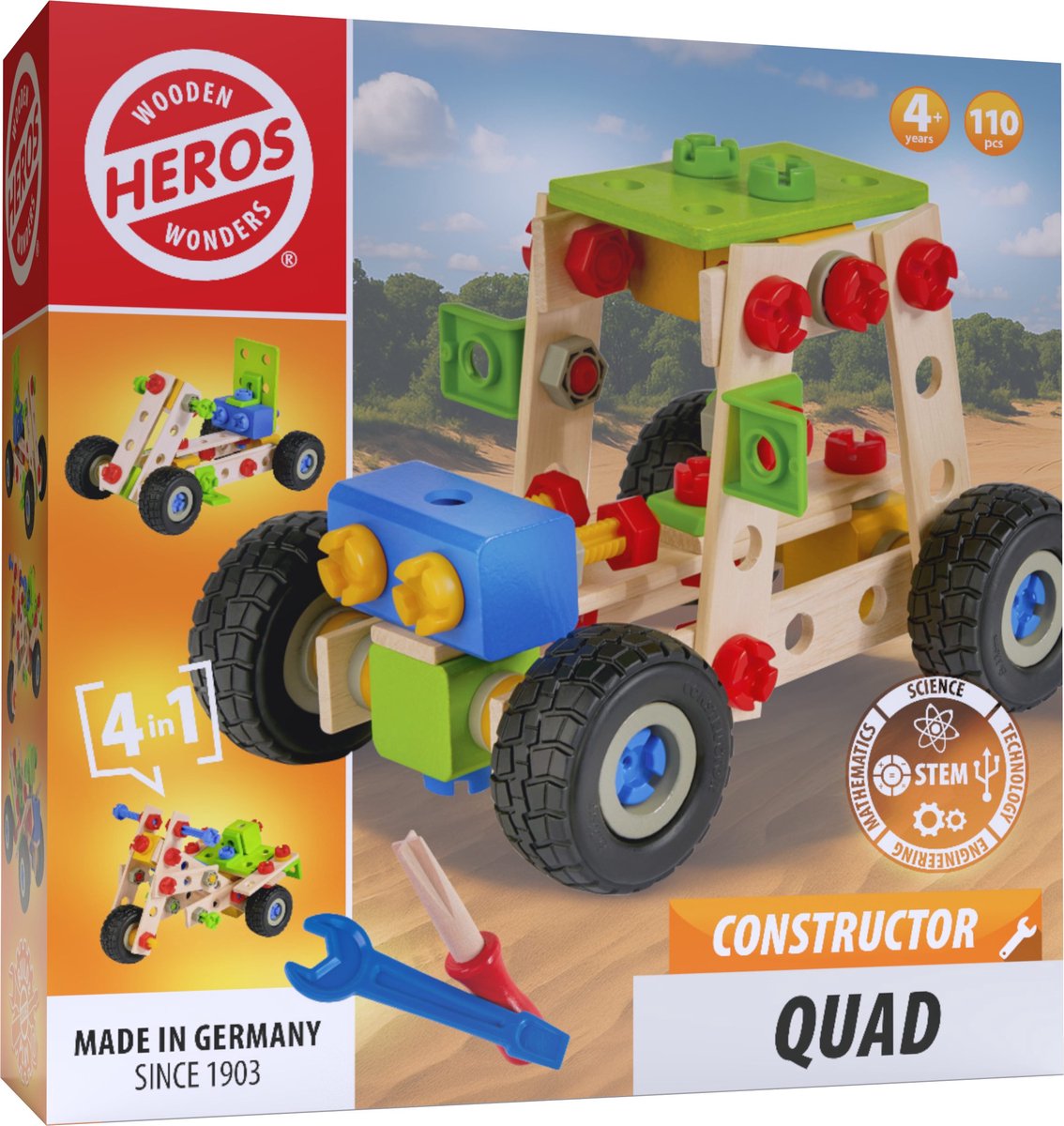 Heros constructor quad – constructiespeelgoed – 4-in-1 – 110 onderdelen – houten bouwset – fsc hout – gemaakt in duitsland – zelf bouwen – vanaf 4 jaar