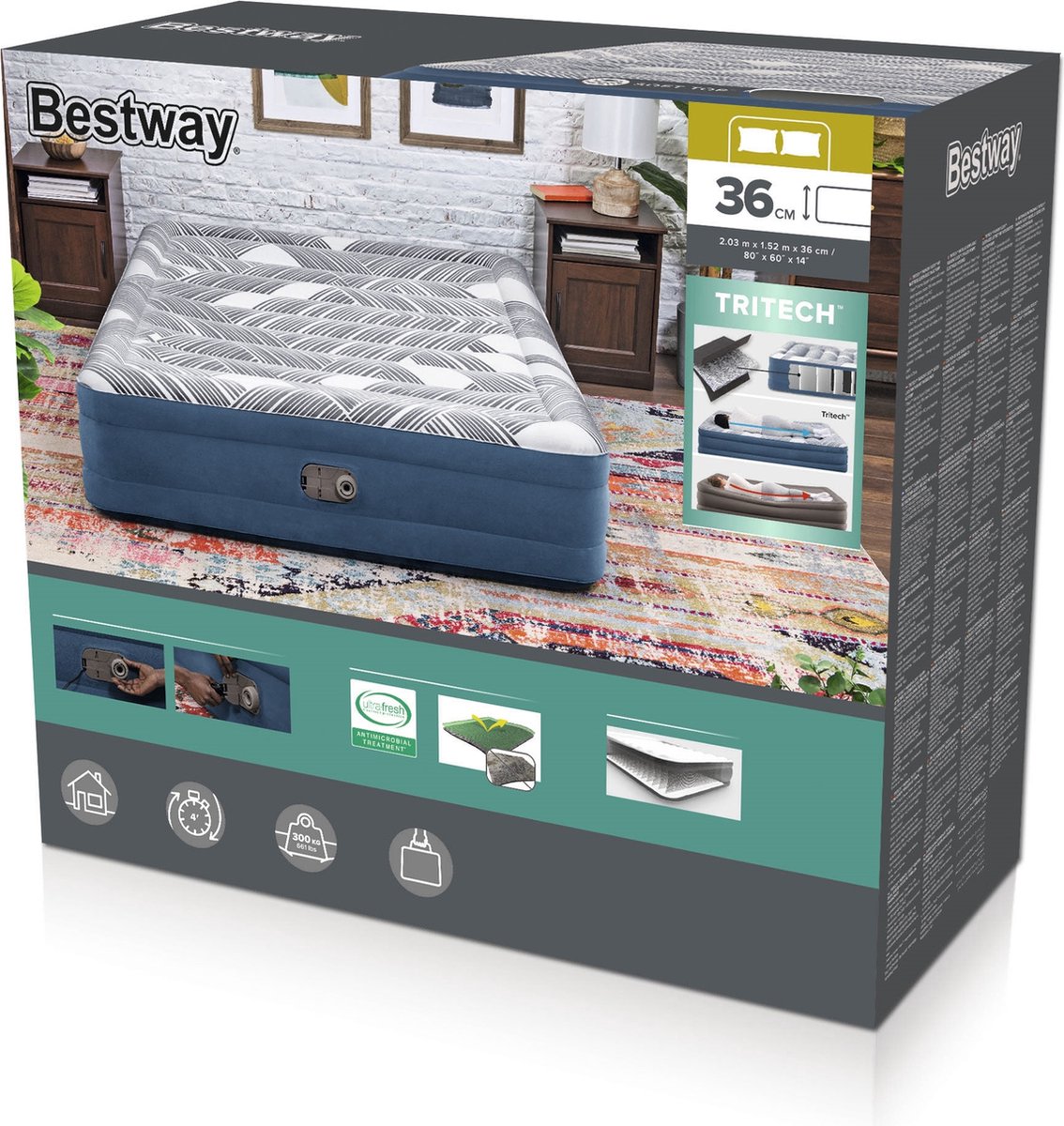 Bestway tritech fashion flock queen luchtmatras met ingebouwde ac pomp en antimicrobiële coating 2,03 mx 1,52 mx 36 cm