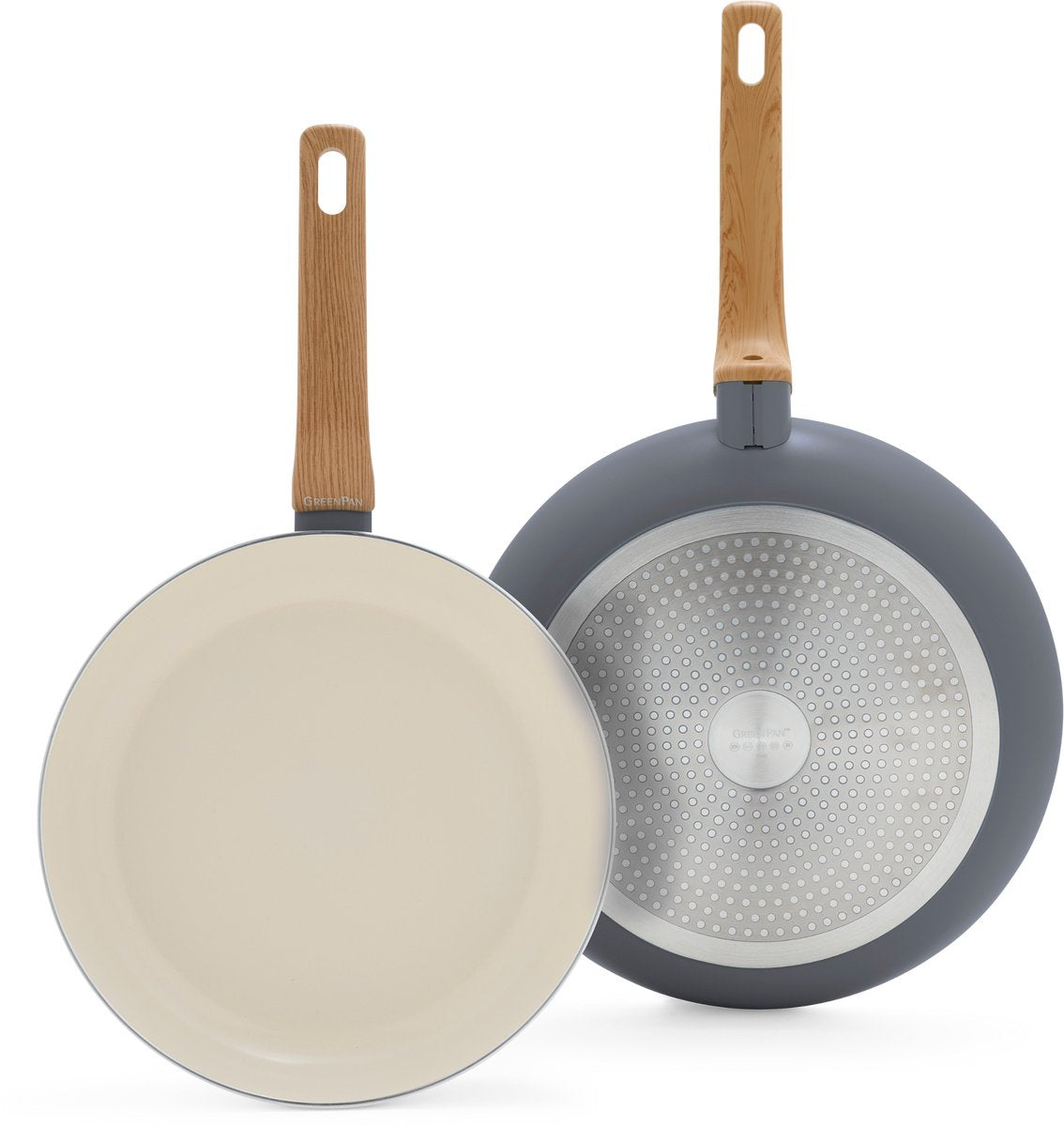 Juego de sartenes Greenpan essence 2 piezas - 26 30cm - revestimiento antiadherente sin pfas - juego de sartenes de inducción - sartén de cerámica - apta para horno hasta 160°c - mangos efecto madera - mangos fríos - gris