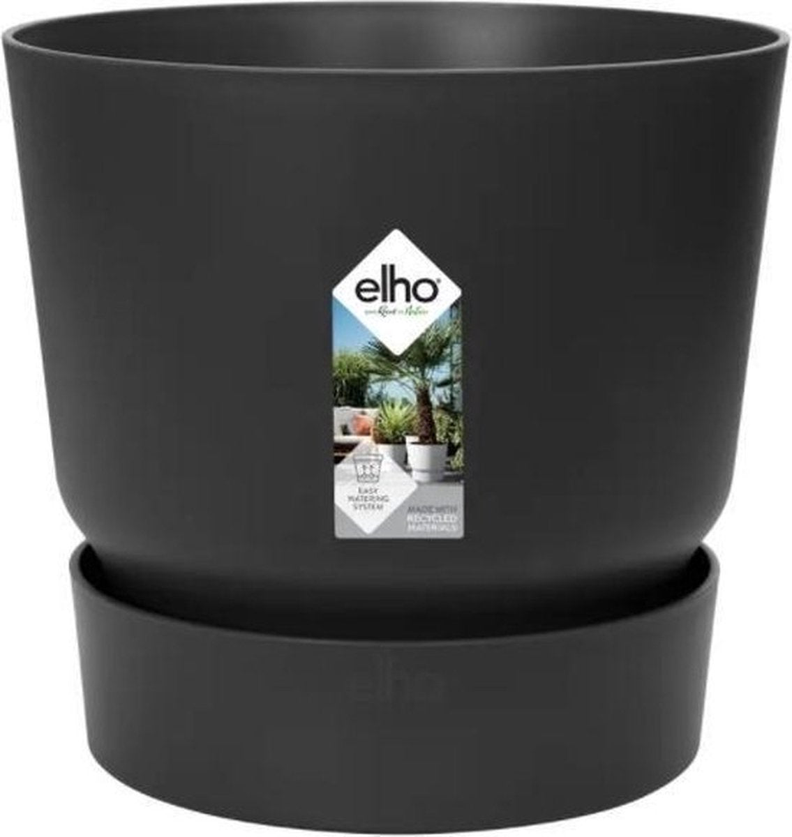 Elho greenville round 47 - large outdoor flower pot with water reservoir - 100% recycled plastic - ø 47 x h 44 cm - living black