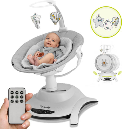 Sedia a dondolo Lionelo bella 6in1 - sedile girevole elettrico a 360° - 6 posizioni di dondolo - 5 velocità - schienale regolabile - melodie - sensore di movimento - cuscino in bambù - arco gioco - telecomando - en12790