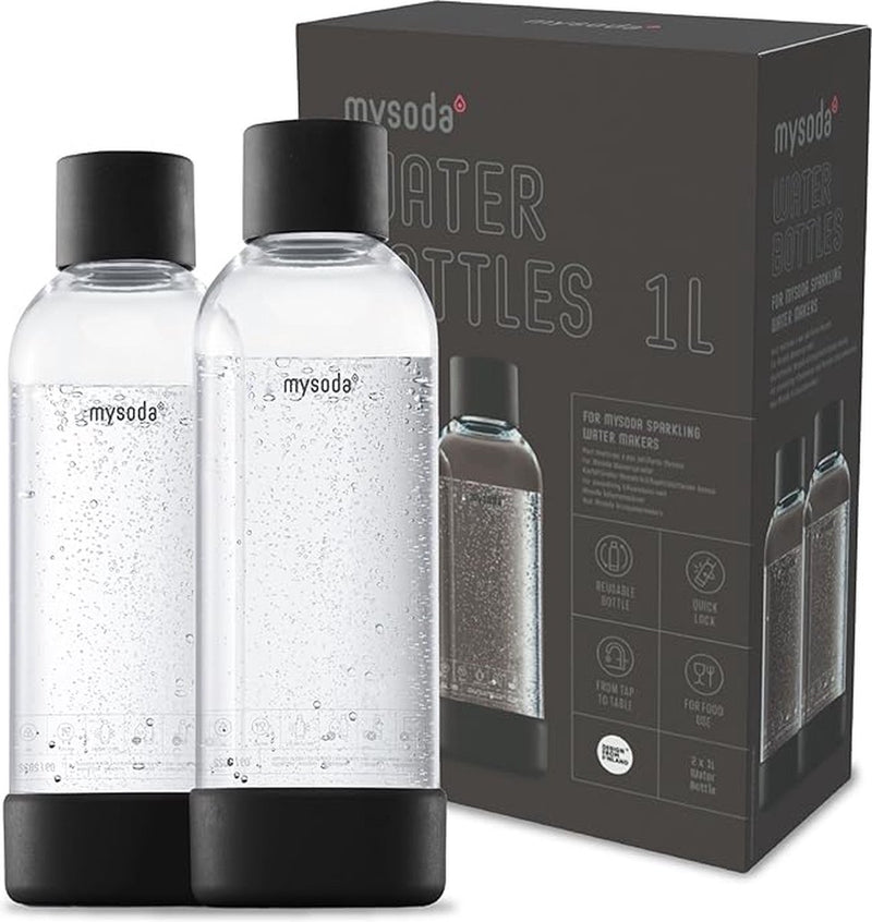 Mysoda - set di 2 bottiglie riutilizzabili da 1 litro - nere - adatte per dispositivi