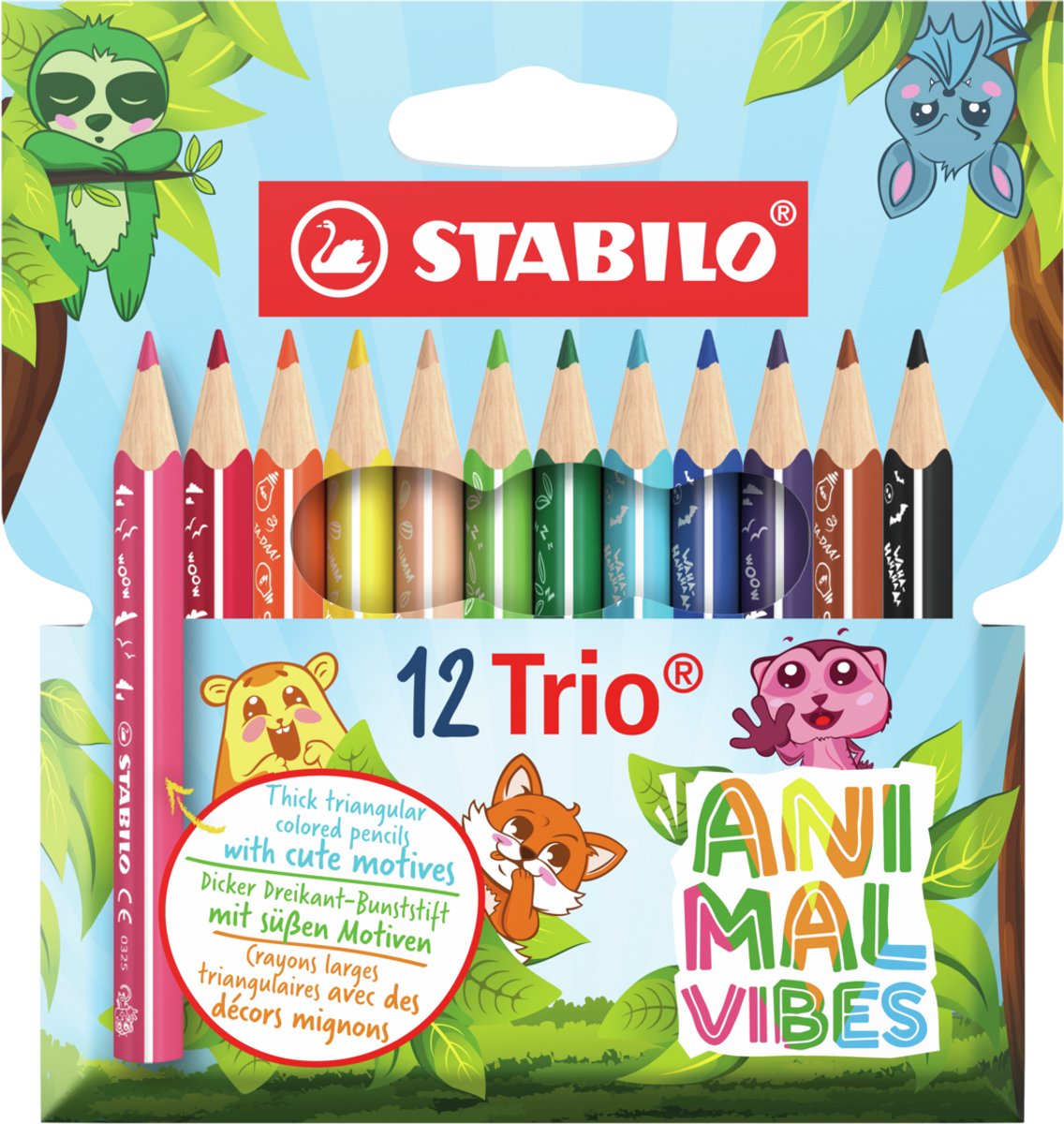 Stabilo trio Thick - Matite colorate triangolari con nucleo extra spesso - Animal Vibes - Astuccio con 12 colori