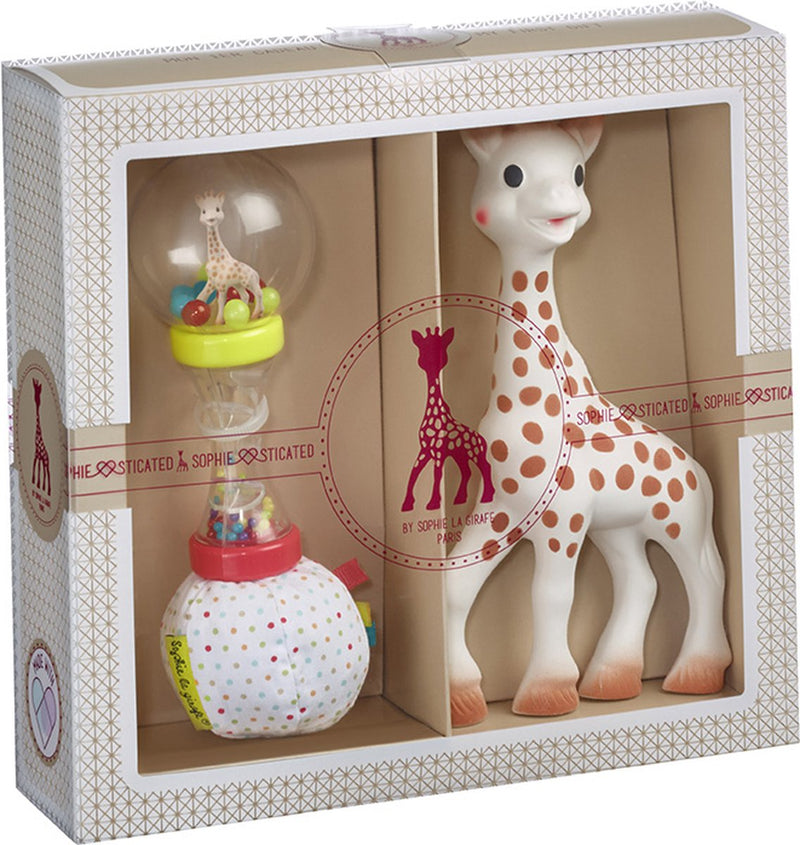 Set regalo sofisticato Sophie la giraffa - giocattoli per bambini - sonaglio maracas - regalo di maternità - regalo per baby shower - 4 pezzi