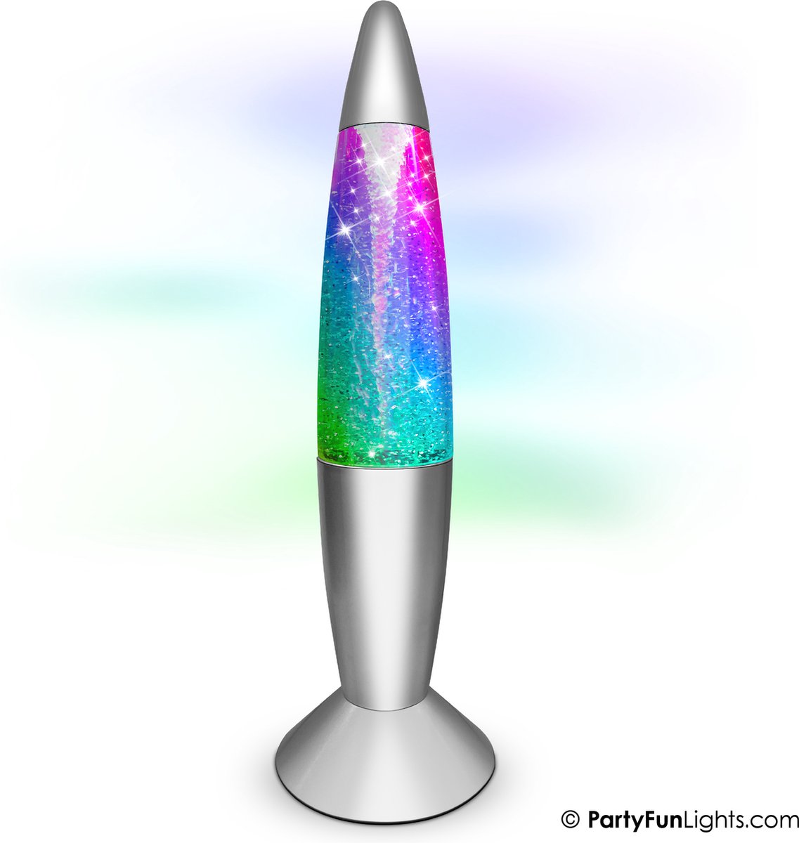 Partyfunlights - tornado glitterlamp - kleur veranderend - zilverkleurig - werkt op 3 aa batterijen - usb- aansluiting