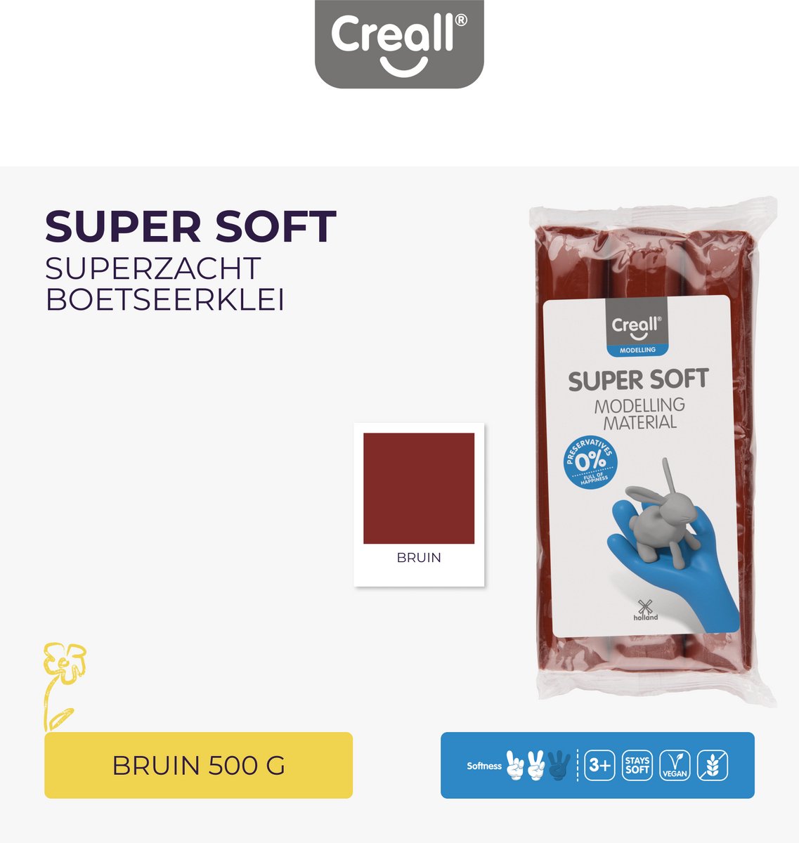 Creall - supersoft boetseerklei - bruin - 500 gram- glutenvrij - gemaakt in nederland