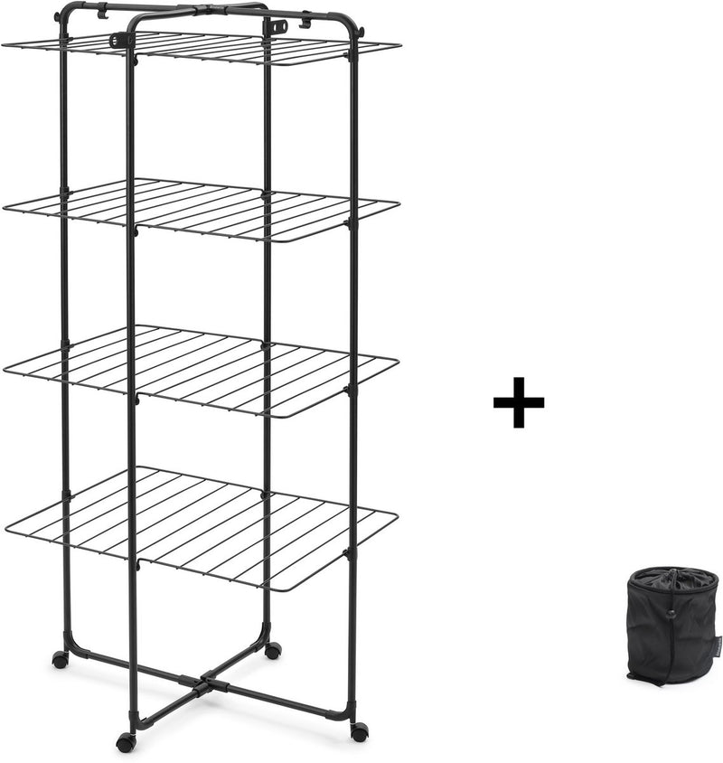 Colonna di asciugatura Brabantia Hangon - 30 m - stendibiancheria pieghevole - con borsa per mollette - nero opaco